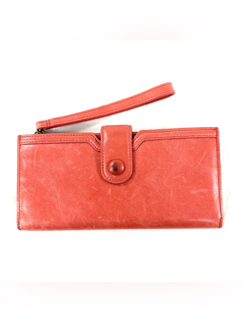HOBO International Rose Pink Leather Large Wallet Brass Logo Snap Flap Wristlet